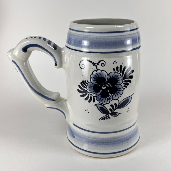 Vintage Delft Blue Beer Stein Mug Windmill Floral Hand Painted Ceramic 32 oz - Picture 5 of 16